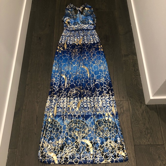 Blue and Gold Patterned Maxi Dress with V-Neck - Picture 2 of 6